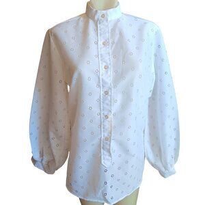 Medium Vintage Blouse White Pierced Eyelet Stand Collar Billow Sleeves Boho